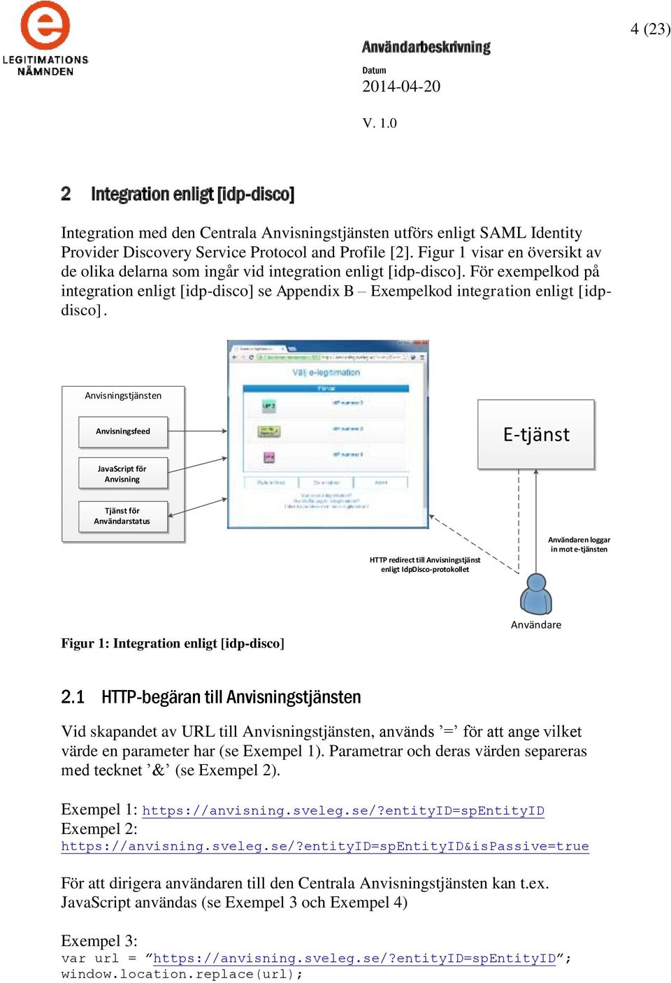 Anvisningstjänsten Anvisningsfeed E-tjänst JavaScript för Anvisning Tjänst för Användarstatus HTTP redirect till Anvisningstjänst enligt IdpDisco-protokollet Användaren loggar in mot e-tjänsten Figur