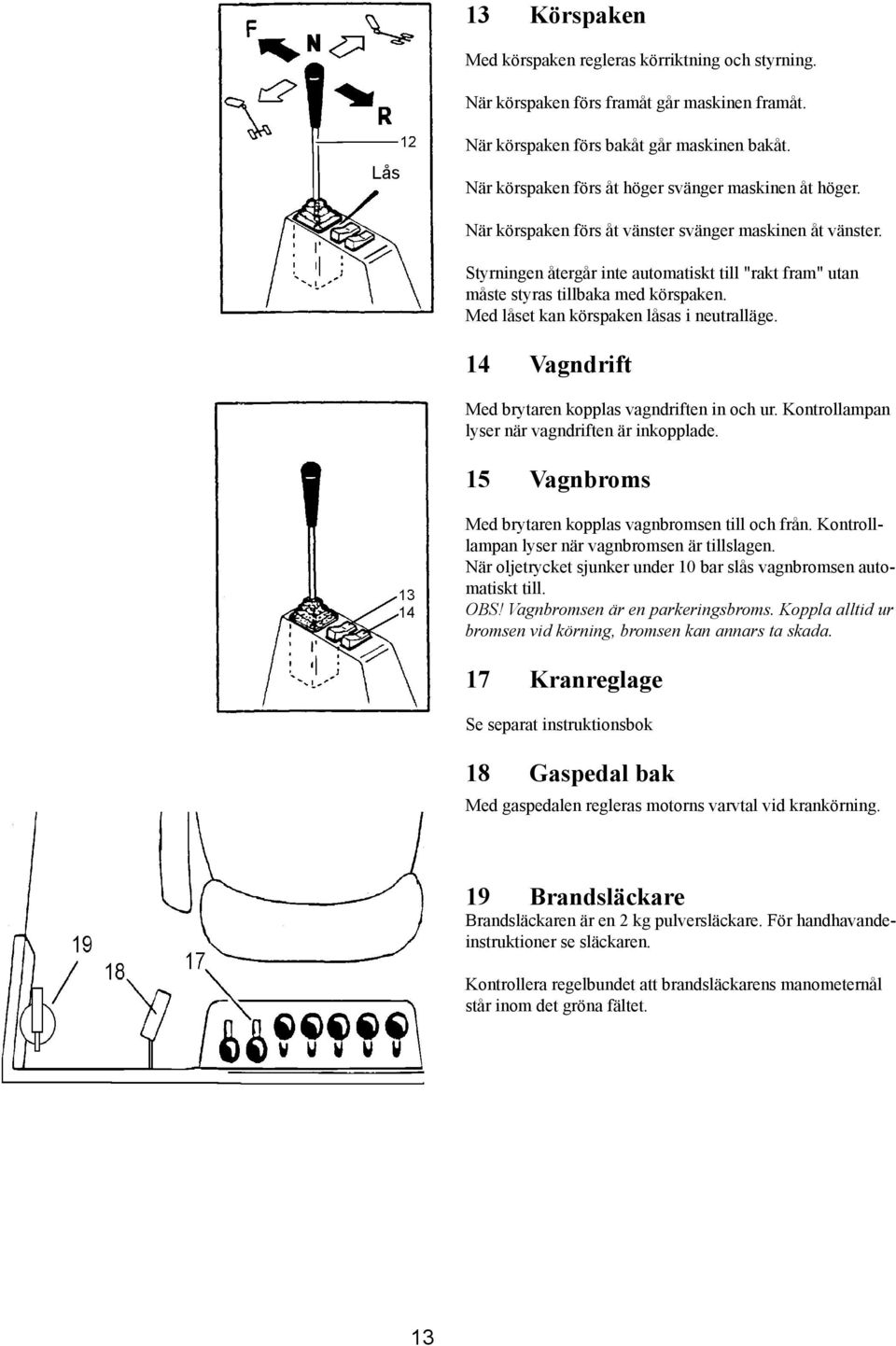 Styrningen återgår inte automatiskt till "rakt fram" utan måste styras tillbaka med körspaken. Med låset kan körspaken låsas i neutralläge. 14 Vagndrift Med brytaren kopplas vagndriften in och ur.