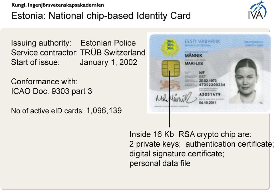 Doc. 9303 part 3 No of active eid cards: 1,096,139 Inside 16 Kb RSA crypto chip are: 2