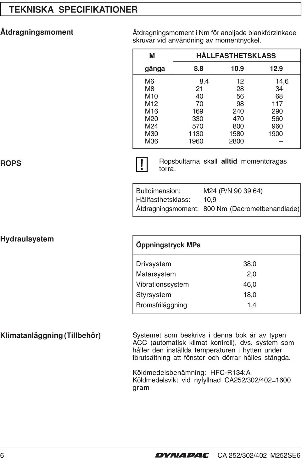 Bultdimension: M4 (P/N 90 39 64) Hållfasthetsklass: 0,9 Åtdragningsmoment: 800 Nm (Dacrometbehandlade) Hydraulsystem Öppningstryck MPa Drivsystem 38,0 Matarsystem,0 Vibrationssystem 46,0 Styrsystem