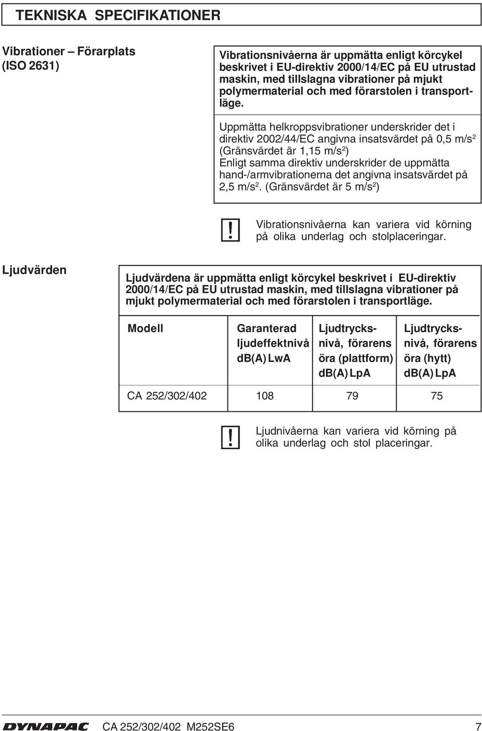 Uppmätta helkroppsvibrationer underskrider det i direktiv 00/44/EC angivna insatsvärdet på 0,5 m/s (Gränsvärdet är,5 m/s ) Enligt samma direktiv underskrider de uppmätta hand-/armvibrationerna det