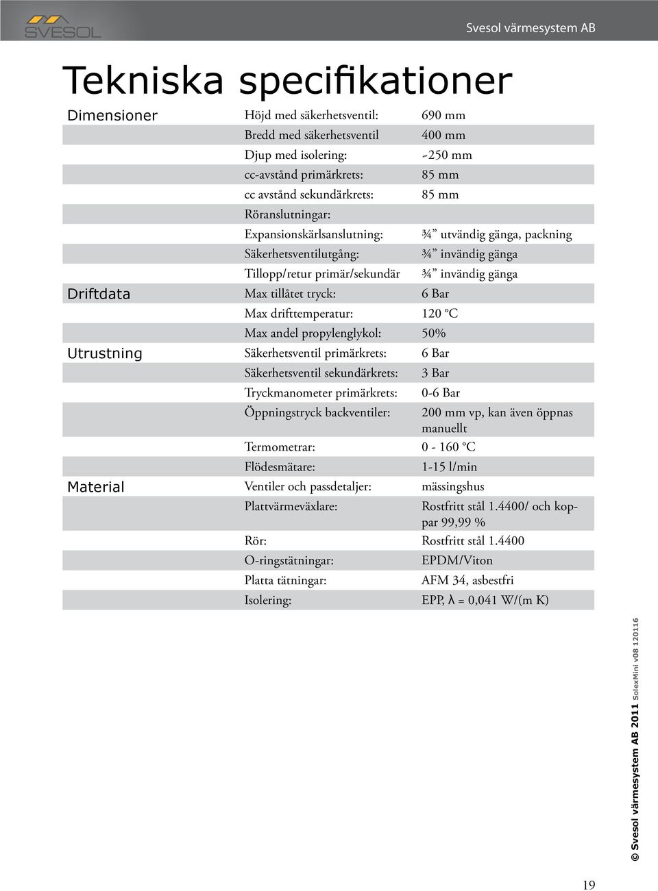 tryck: 6 Bar Max drifttemperatur: 120 C Max andel propylenglykol: 50% Utrustning Säkerhetsventil primärkrets: 6 Bar Säkerhetsventil sekundärkrets: 3 Bar Tryckmanometer primärkrets: 0-6 Bar