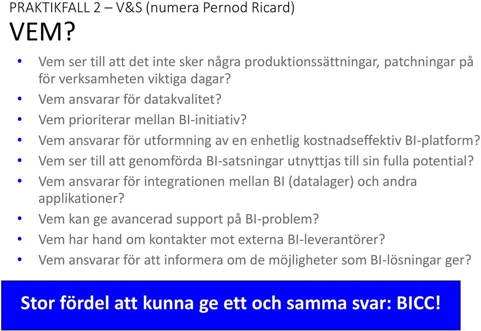 Vem ser till att genomförda BI-satsningar utnyttjas till sin fulla potential? Vem ansvarar för integrationen mellan BI (datalager) och andra applikationer?