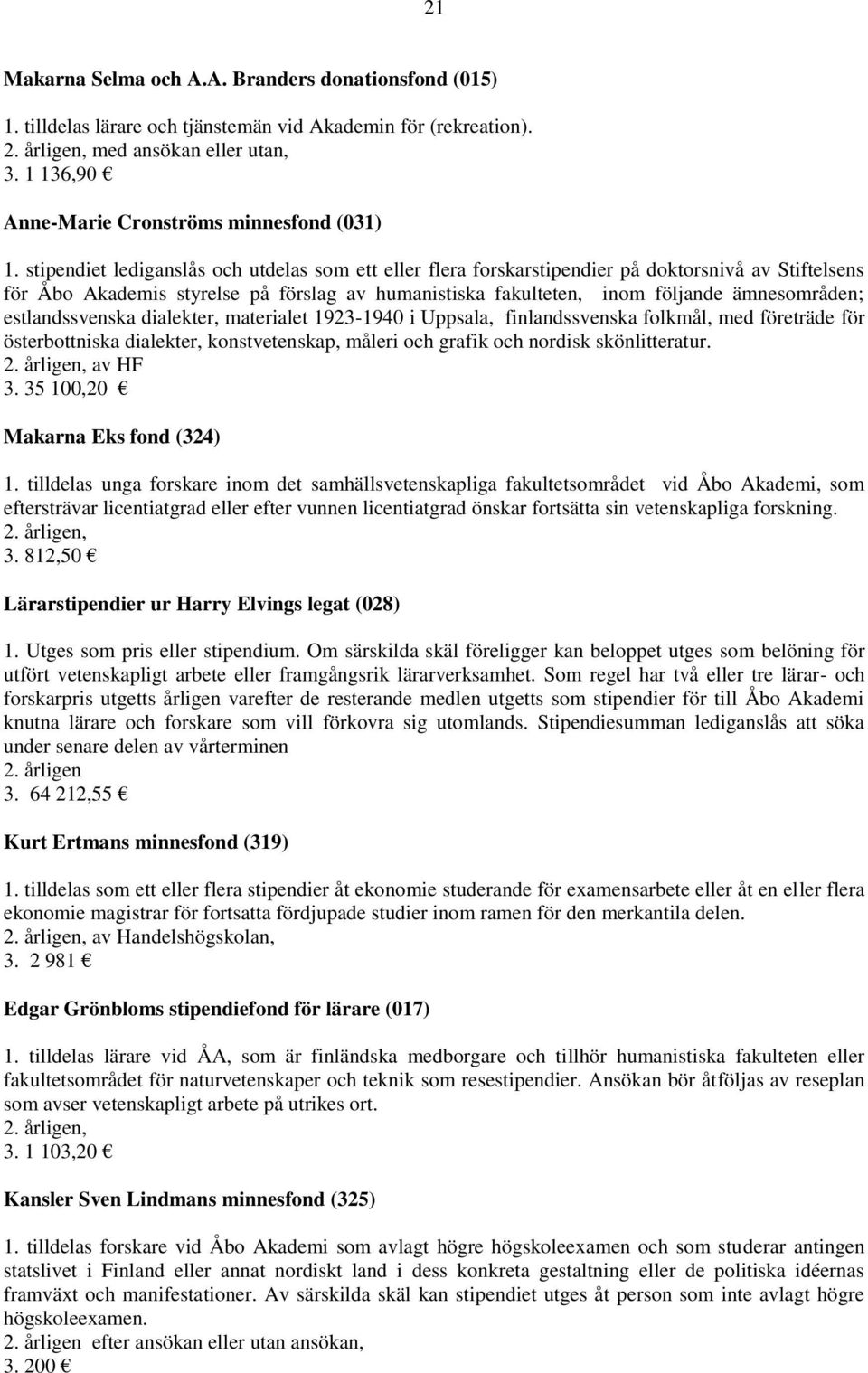 estlandssvenska dialekter, materialet 1923-1940 i Uppsala, finlandssvenska folkmål, med företräde för österbottniska dialekter, konstvetenskap, måleri och grafik och nordisk skönlitteratur. av HF 3.