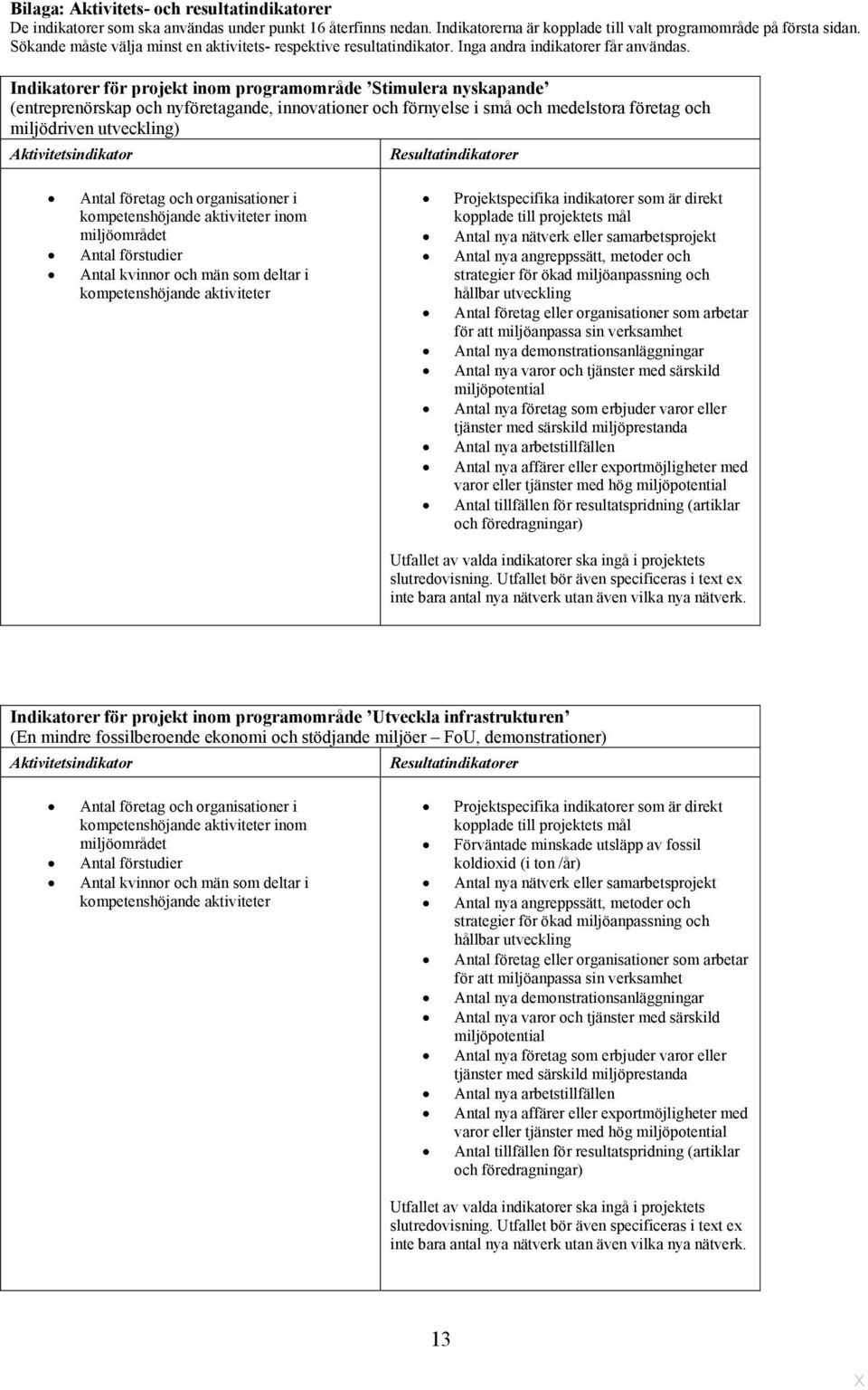 Indikatorer för projekt inom programområde Stimulera nyskapande (entreprenörskap och nyföretagande, innovationer och förnyelse i små och medelstora företag och miljödriven utveckling)