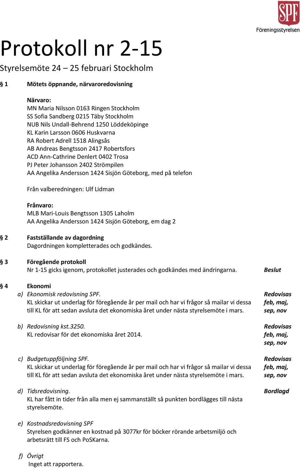 2402 Strömpilen AA Angelika Andersson 1424 Sisjön Göteborg, med på telefon Från valberedningen: Ulf Lidman Frånvaro: MLB Mari-Louis Bengtsson 1305 Laholm AA Angelika Andersson 1424 Sisjön Göteborg,