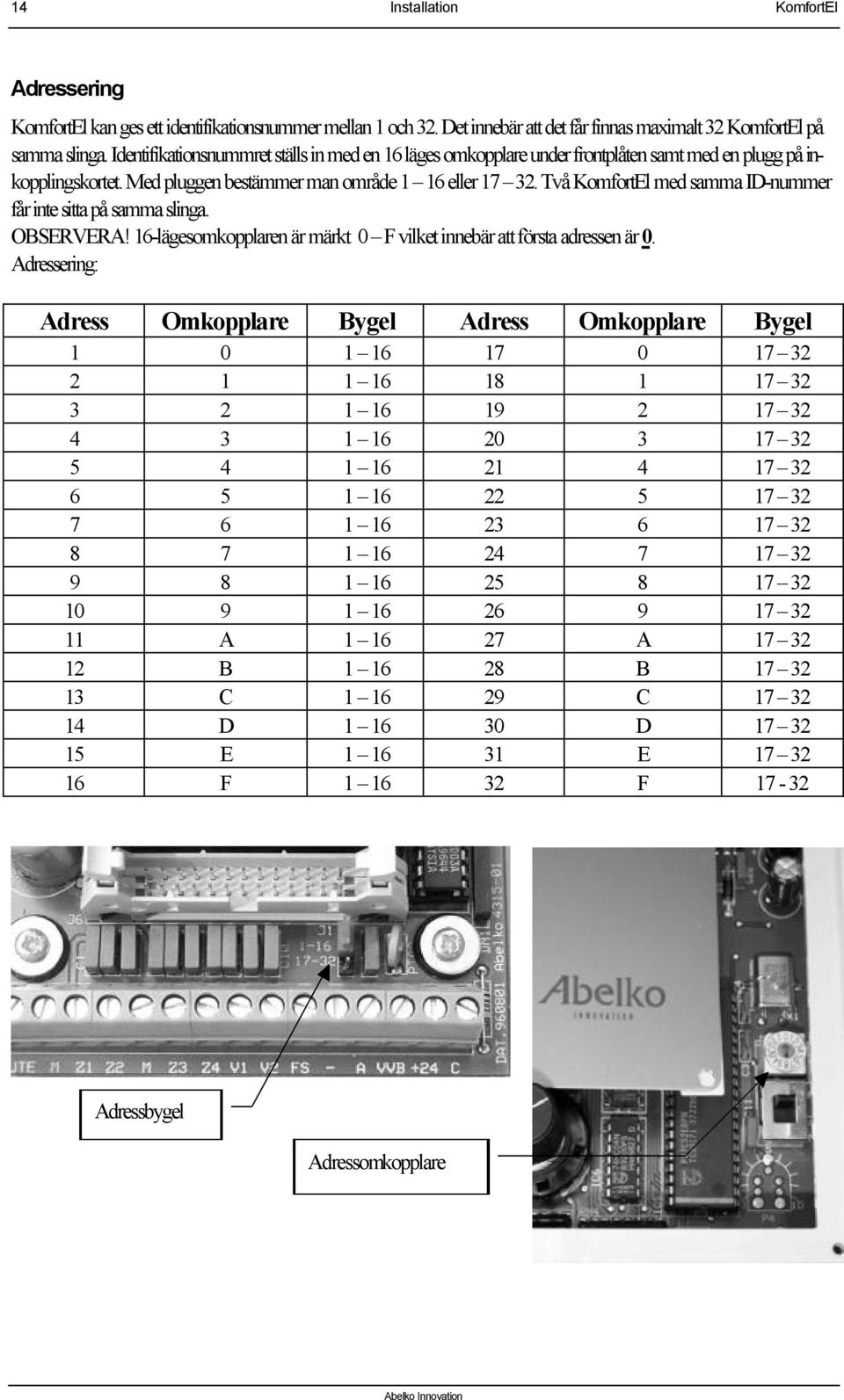 Två KomfortEl med samma ID-nummer får inte sitta på samma slinga. OBSERVERA! 16-lägesomkopplaren är märkt 0 F vilket innebär att första adressen är 0.