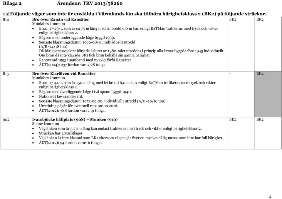 Senaste klassningsdatum 1966-08-11, individuellt utredd (A/B=14/18 ton) Då sprojektet började i slutet av 1980-talet utreddes i princip alla broar byggda före 1945 individuellt.