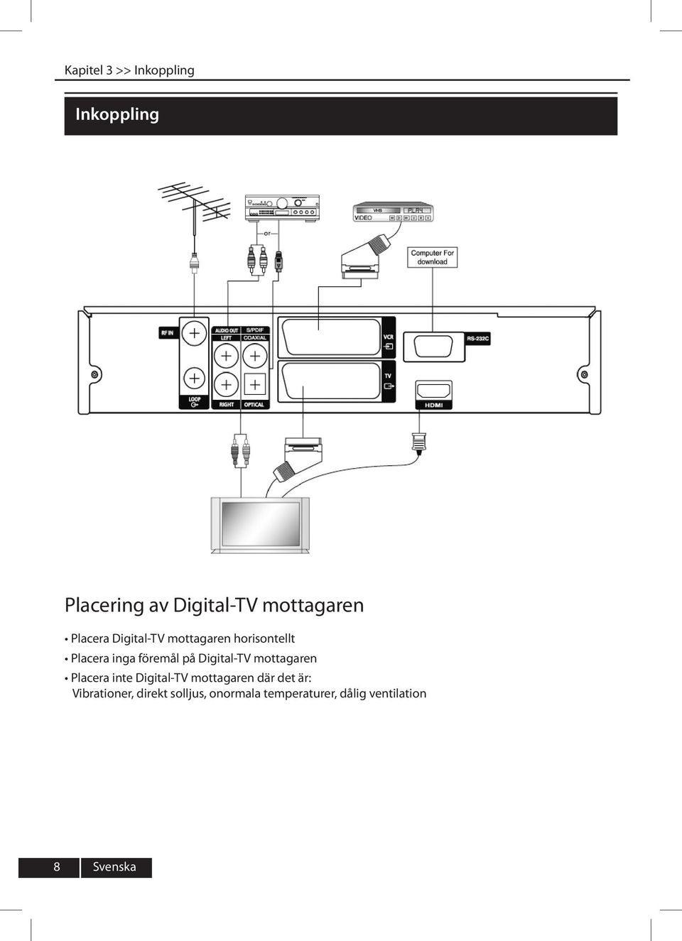 Digital-TV mottagaren Placera inte Digital-TV mottagaren där det är: