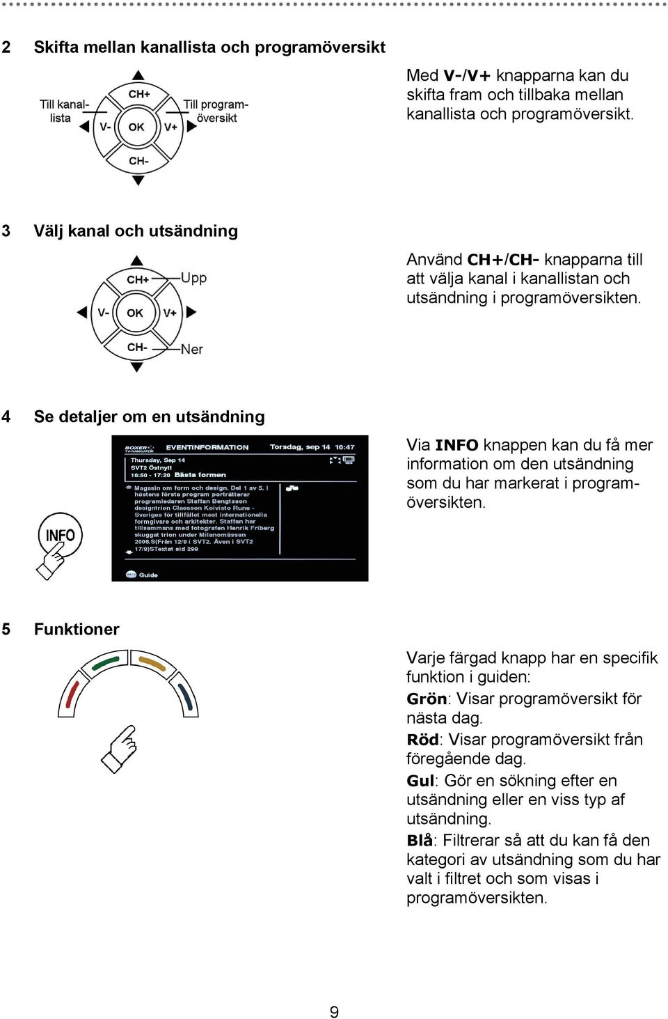 4 Se detaljer om en utsändning Via INFO knappen kan du få mer information om den utsändning som du har markerat i programöversikten.