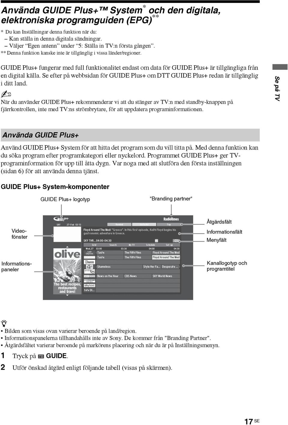 GUIDE Plus+ fungerar med full funktionalitet endast om data för GUIDE Plus+ är tillgängliga från en digital källa.