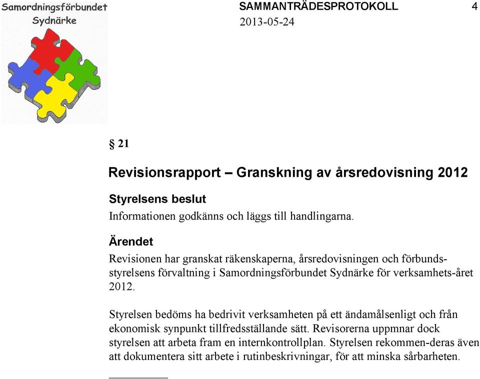 verksamhets-året 2012. Styrelsen bedöms ha bedrivit verksamheten på ett ändamålsenligt och från ekonomisk synpunkt tillfredsställande sätt.