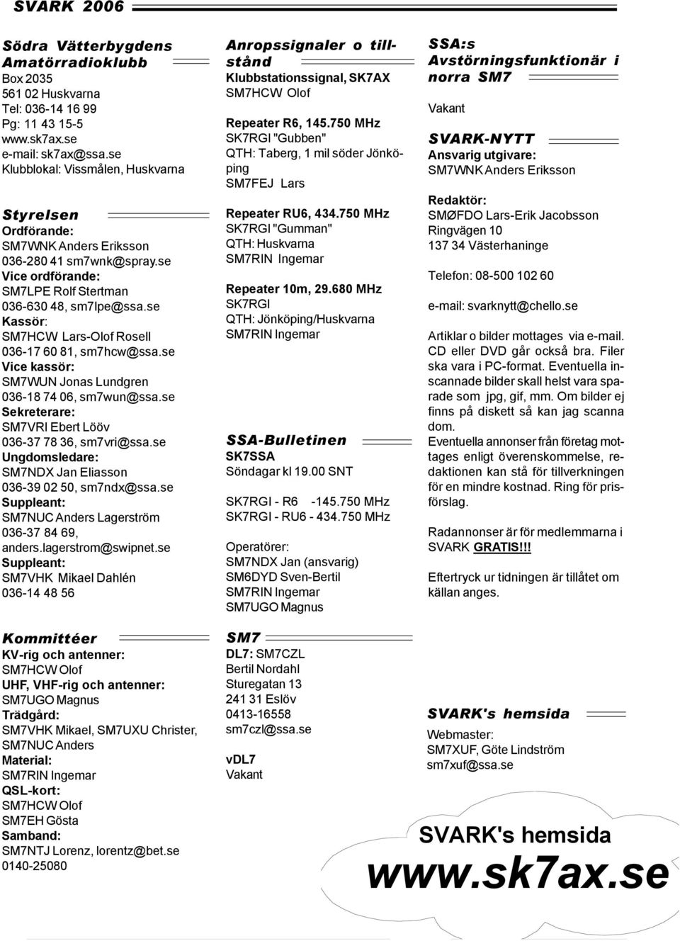 se Kassör: SM7HCW Lars-Olof Rosell 036-17 60 81, sm7hcw@ssa.se Vice kassör: SM7WUN Jonas Lundgren 036-18 74 06, sm7wun@ssa.se Sekreterare: SM7VRI Ebert Lööv 036-37 78 36, sm7vri@ssa.