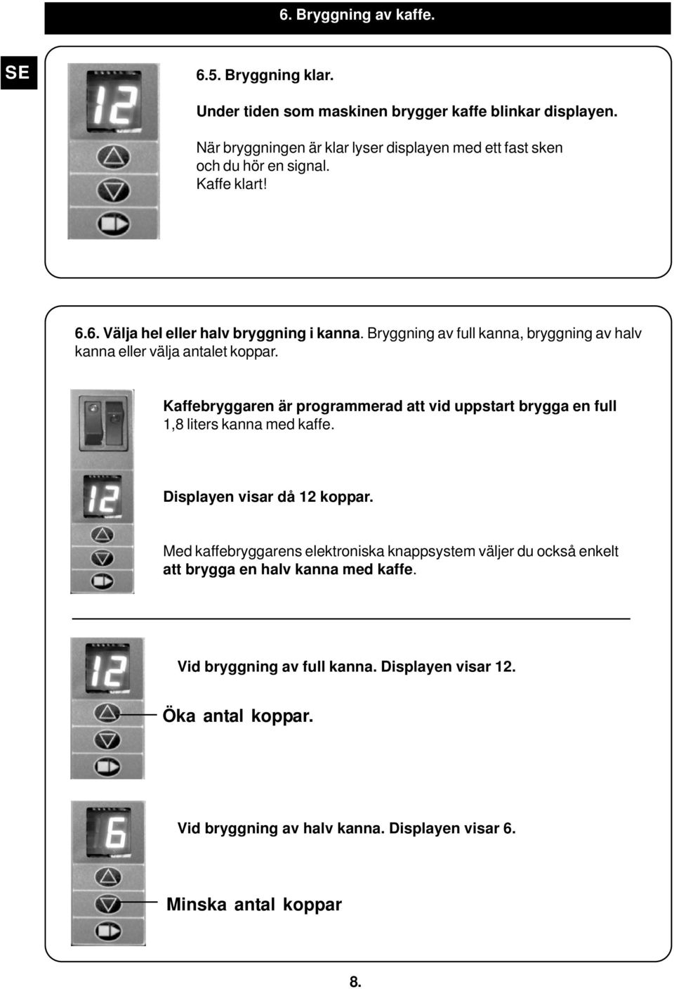 Bryggning av full kanna, bryggning av halv kanna eller välja antalet koppar. Kaffebryggaren är programmerad att vid uppstart brygga en full 1,8 liters kanna med kaffe.