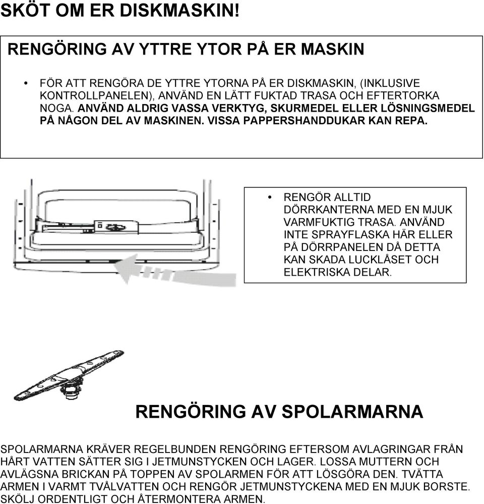 ANVÄND INTE SPRAYFLASKA HÄR ELLER PÅ DÖRRPANELEN DÅ DETTA KAN SKADA LUCKLÅSET OCH ELEKTRISKA DELAR.