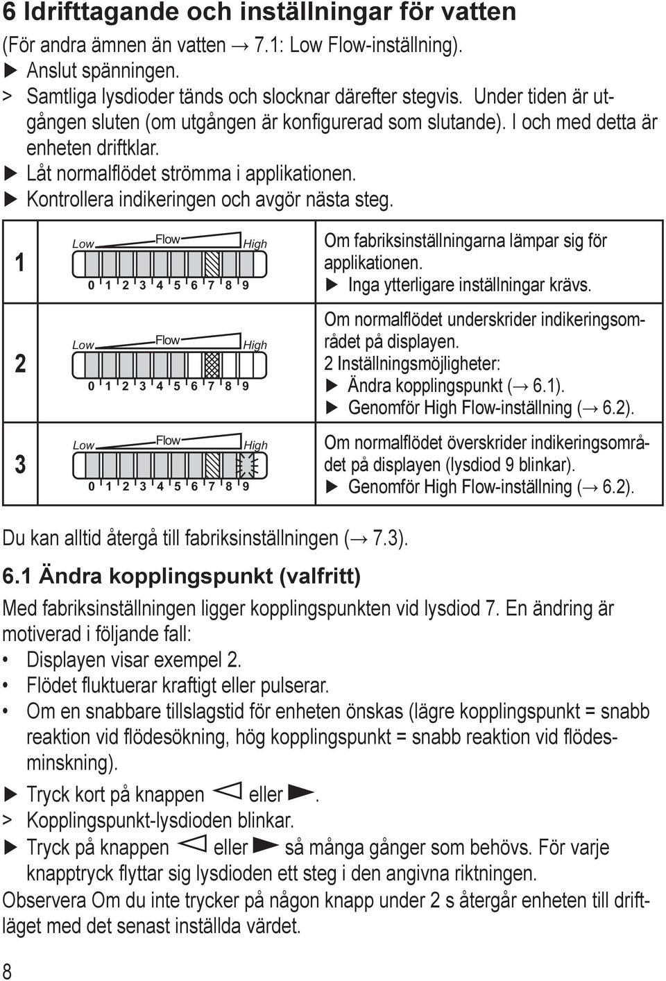 Kontrollera indikeringen och avgör nästa steg. 1 2 3 Low Flow High Low Flow High Low Flow High Om fabriksinställningarna lämpar sig för applikationen. Inga ytterligare inställningar krävs.