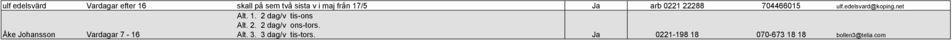 net Åke Johansson Vardagar 7-16 Alt. 1. 2 dag/v tis-ons Alt. 2. 2 dag/v ons-tors.