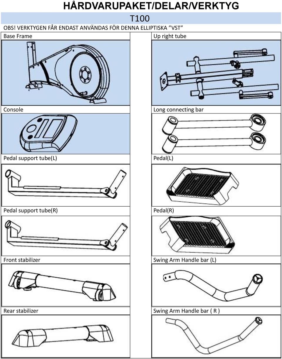 right tube Console Long connecting bar Pedal support tube(l) Pedal(L)