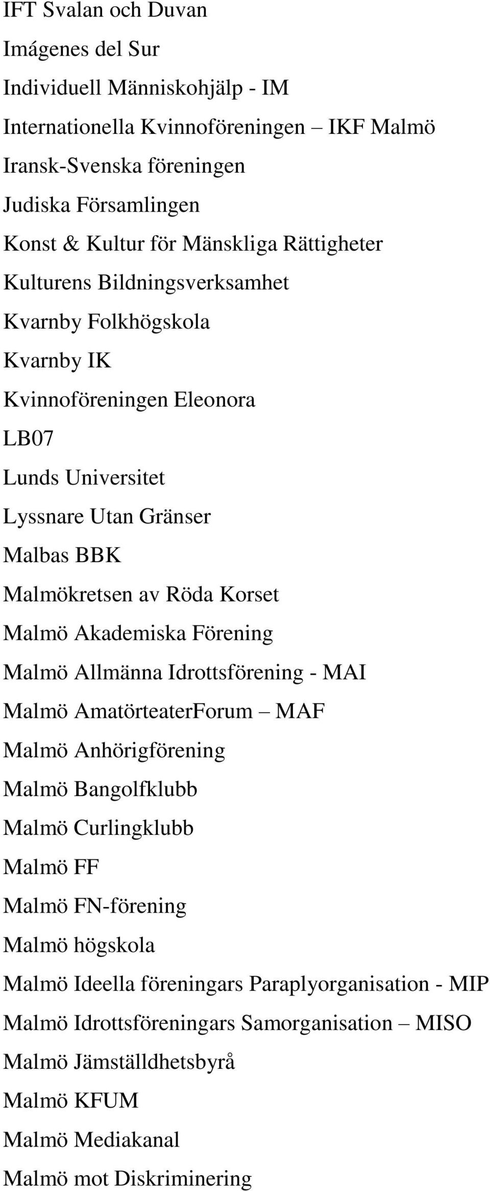 Röda Korset Malmö Akademiska Förening Malmö Allmänna Idrottsförening - MAI Malmö AmatörteaterForum MAF Malmö Anhörigförening Malmö Bangolfklubb Malmö Curlingklubb Malmö FF Malmö