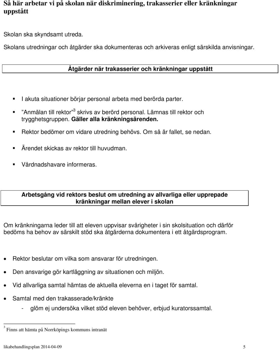 Åtgärder när trakasserier och kränkningar uppstått I akuta situationer börjar personal arbeta med berörda parter. Anmälan till rektor 3 skrivs av berörd personal.