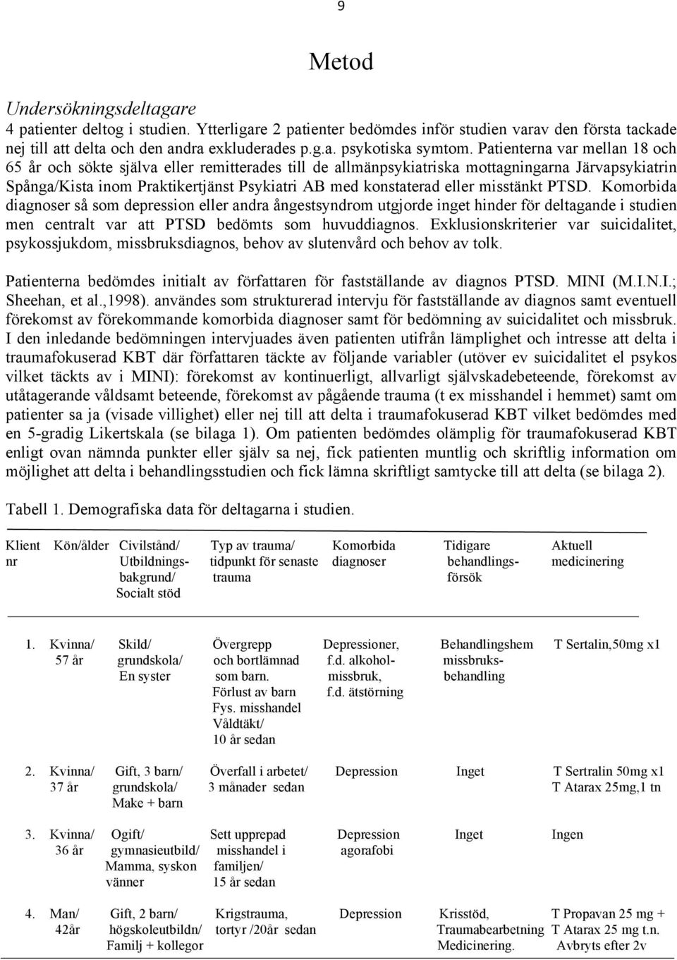 misstänkt PTSD. Komorbida diagnoser så som depression eller andra ångestsyndrom utgjorde inget hinder för deltagande i studien men centralt var att PTSD bedömts som huvuddiagnos.