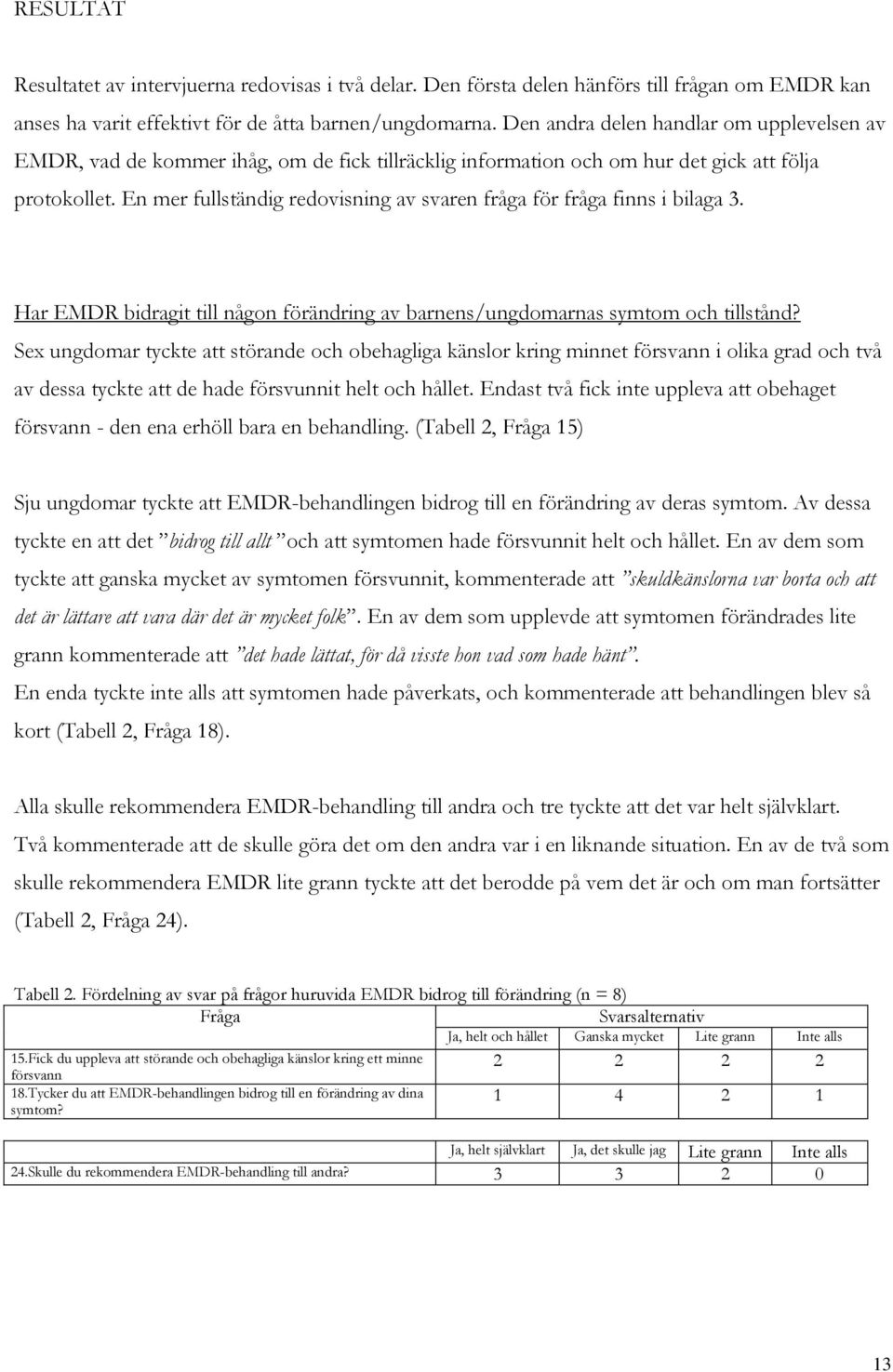 En mer fullständig redovisning av svaren fråga för fråga finns i bilaga 3. Har EMDR bidragit till någon förändring av barnens/ungdomarnas symtom och tillstånd?