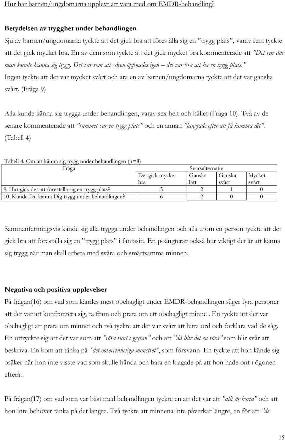 En av dem som tyckte att det gick mycket bra kommenterade att Det var där man kunde känna sig trygg. Det var som att såren öppnades igen det var bra att ha en trygg plats.