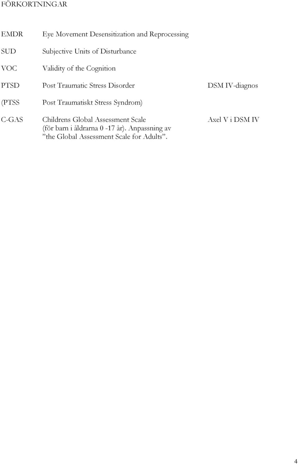 IV-diagnos (PTSS Post Traumatiskt Stress Syndrom) C-GAS Childrens Global Assessment Scale