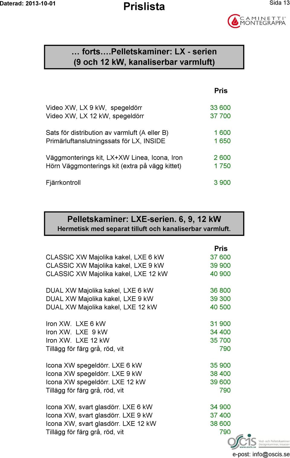 Primärluftanslutningssats för LX, INSIDE 1 650 Väggmonterings kit, LX+XW Linea, Icona, Iron 2 600 Hörn Väggmonterings kit (extra på vägg kittet) 1 750 Fjärrkontroll 3 900 Pelletskaminer: LXE-serien.