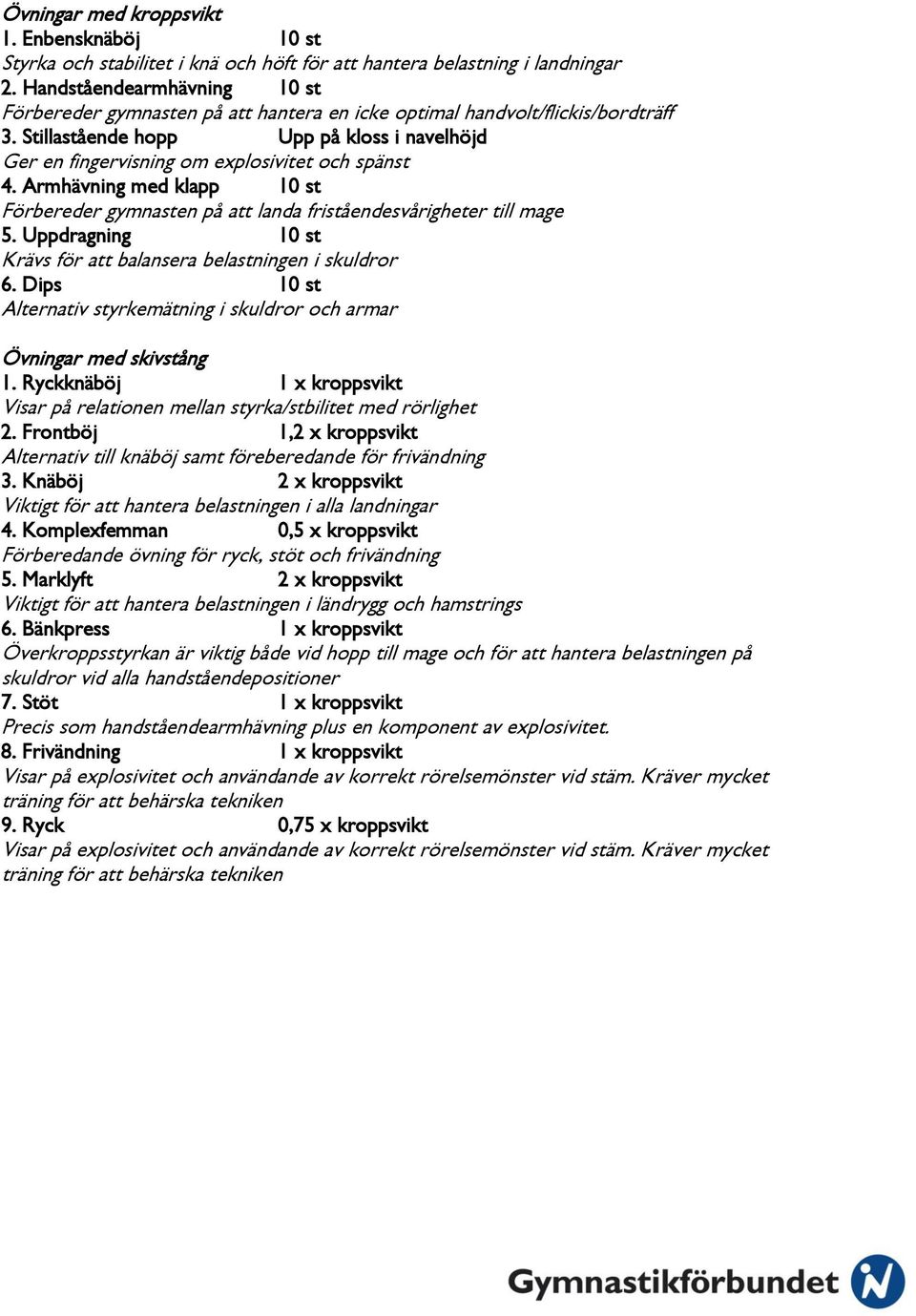 Stillastående hopp Upp på kloss i navelhöjd Ger en fingervisning om explosivitet och spänst 4. Armhävning med klapp 10 st Förbereder gymnasten på att landa friståendesvårigheter till mage 5.
