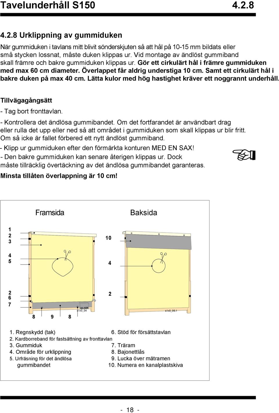 Samt ett cirkulärt hål i bakre duken på max 40 cm. Lätta kulor med hög hastighet kräver ett noggrannt underhåll. Tillvägagångsätt - Tag bort fronttavlan. - Kontrollera det ändlösa gummibandet.