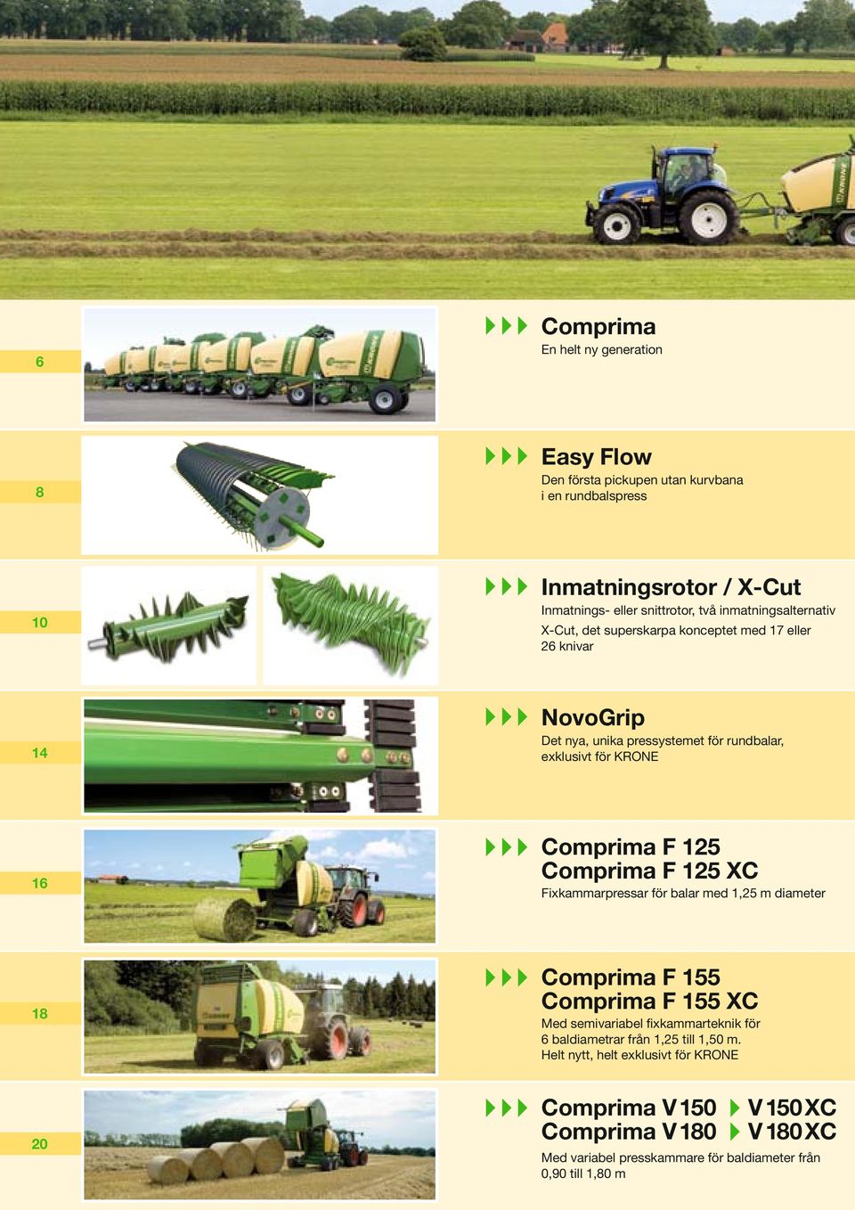 F 125 Comprima F 125 XC Fixkammarpressar för balar med 1,25 m diameter 18 Comprima F 155 Comprima F 155 XC Med semivariabel fixkammarteknik för 6 baldiametrar från