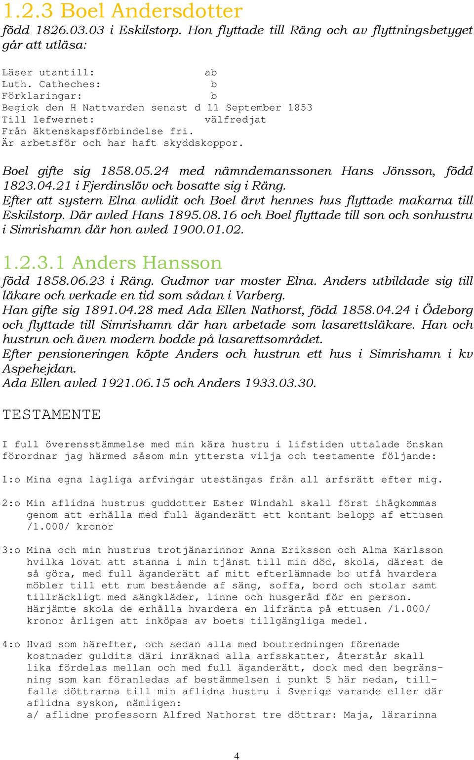 05.24 med nämndemanssonen Hans Jönsson, född 1823.04.21 i Fjerdinslöv och bosatte sig i Räng. Efter att systern Elna avlidit och Boel ärvt hennes hus flyttade makarna till Eskilstorp.