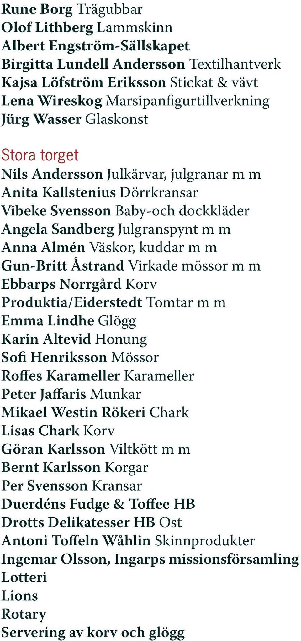 Gun-Britt Åstrand Virkade mössor m m Ebbarps Norrgård Korv Produktia/Eiderstedt Tomtar m m Emma Lindhe Glögg Karin Altevid Honung Sofi Henriksson Mössor Roffes Karameller Karameller Peter Jaffaris