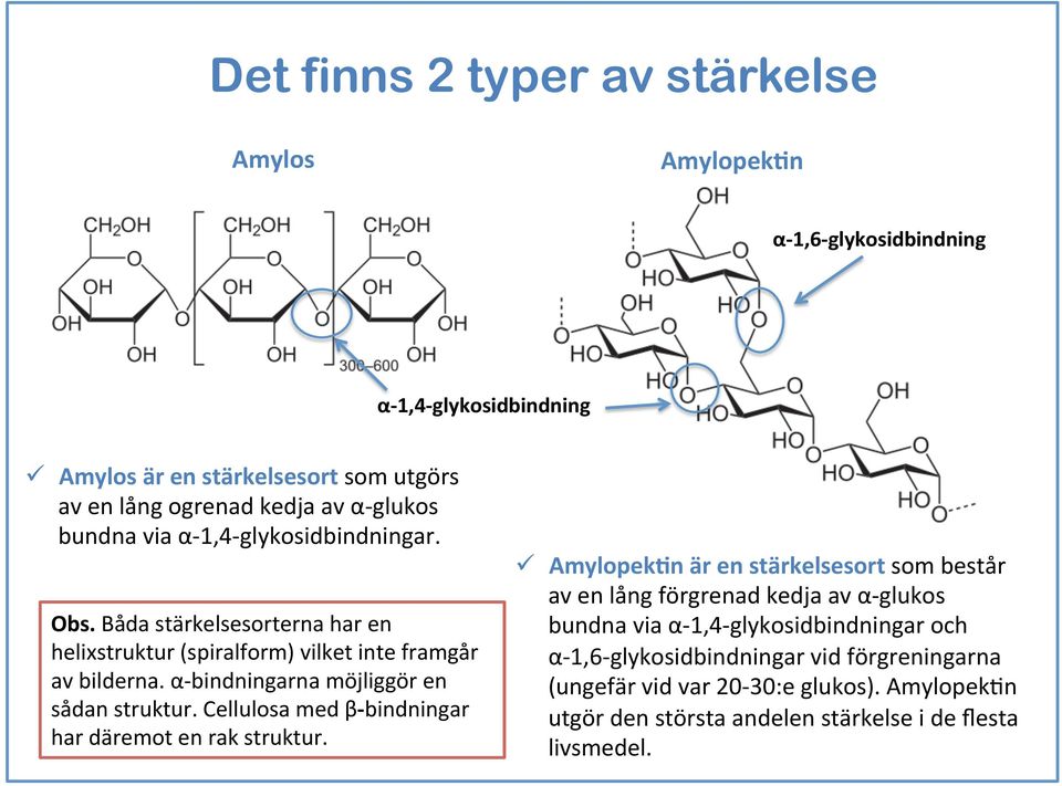 α- bindningarna möjliggör en sådan struktur. Cellulosa med β- bindningar har däremot en rak struktur.