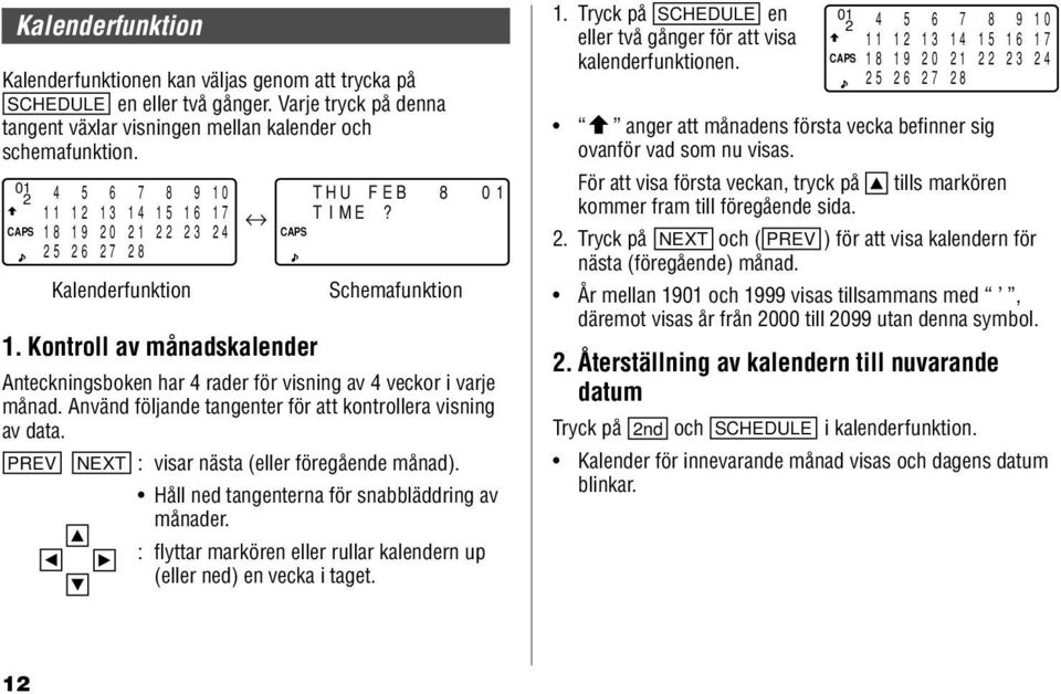 Kontroll av månadskalender Anteckningsboken har 4 rader för visning av 4 veckor i varje månad. Använd följande tangenter för att kontrollera visning av data.