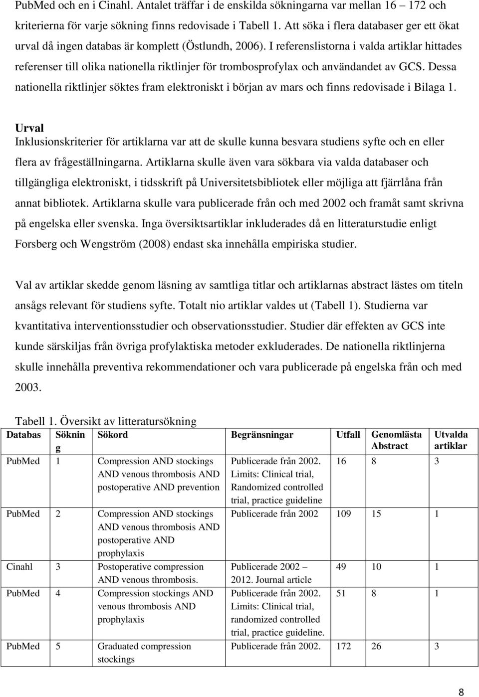 I referenslistorna i valda artiklar hittades referenser till olika nationella riktlinjer för trombosprofylax och användandet av GCS.