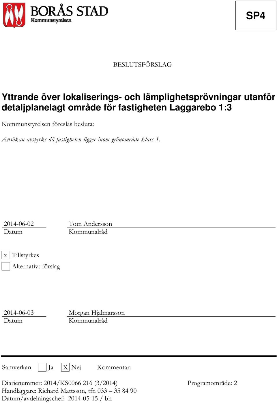 2014-06-02 Tom Andersson Datum Kommunalråd x Tillstyrkes Alternativt förslag 2014-06-03 Morgan Hjalmarsson Datum Kommunalråd