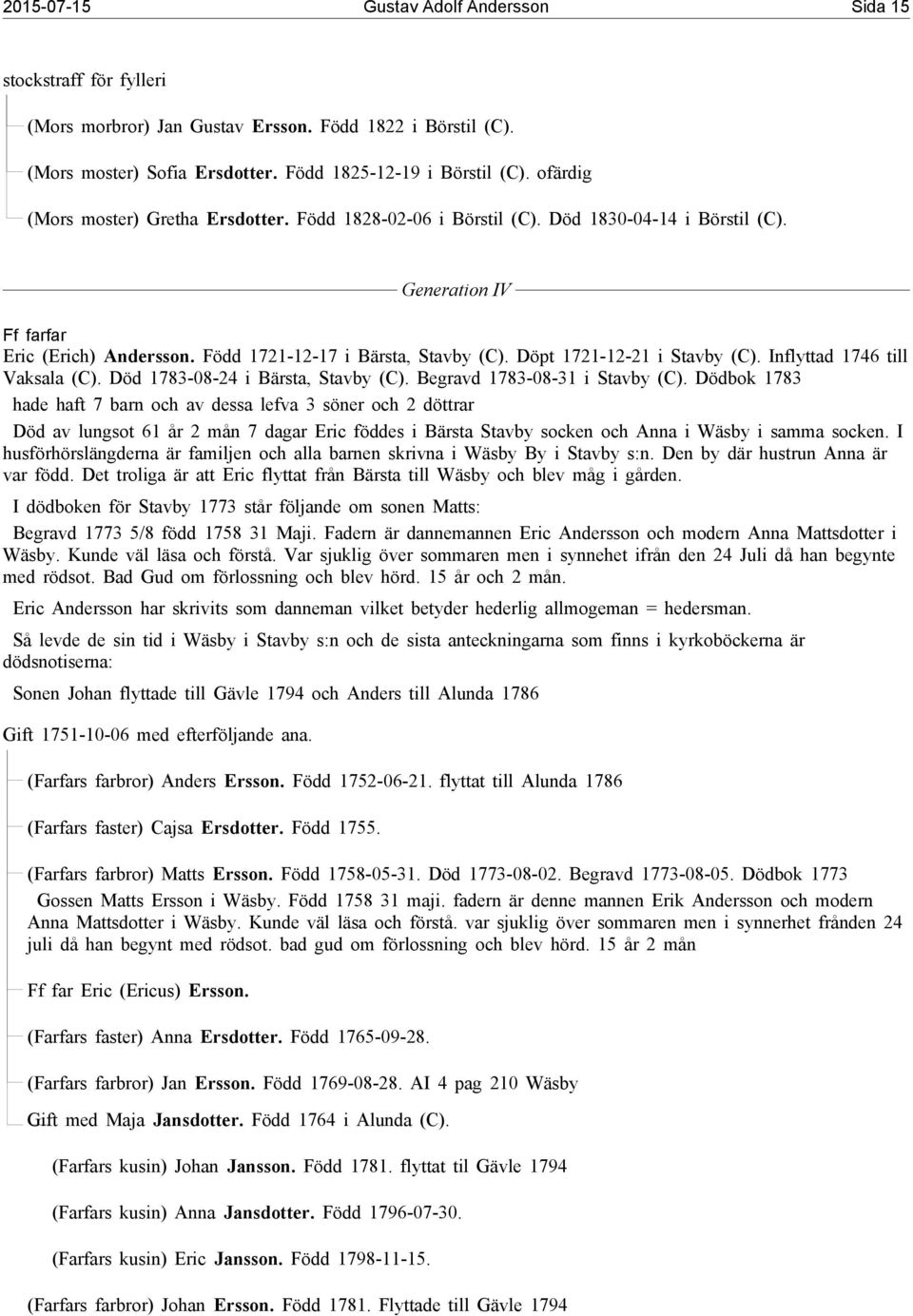 Döpt 1721-12-21 i Stavby (C). Inflyttad 1746 till Vaksala (C). Död 1783-08-24 i Bärsta, Stavby (C). Begravd 1783-08-31 i Stavby (C).