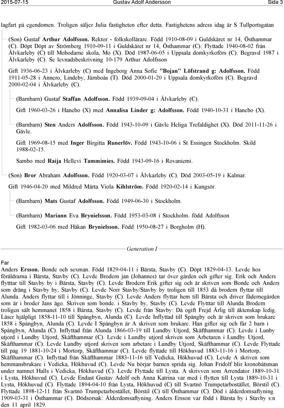 Flyttade 1940-08-02 från Älvkarleby (C) till Mobodarne skola, Mo (X). Död 1987-06-05 i Uppsala domkyrkoförs (C). Begravd 1987 i Älvkarleby (C).