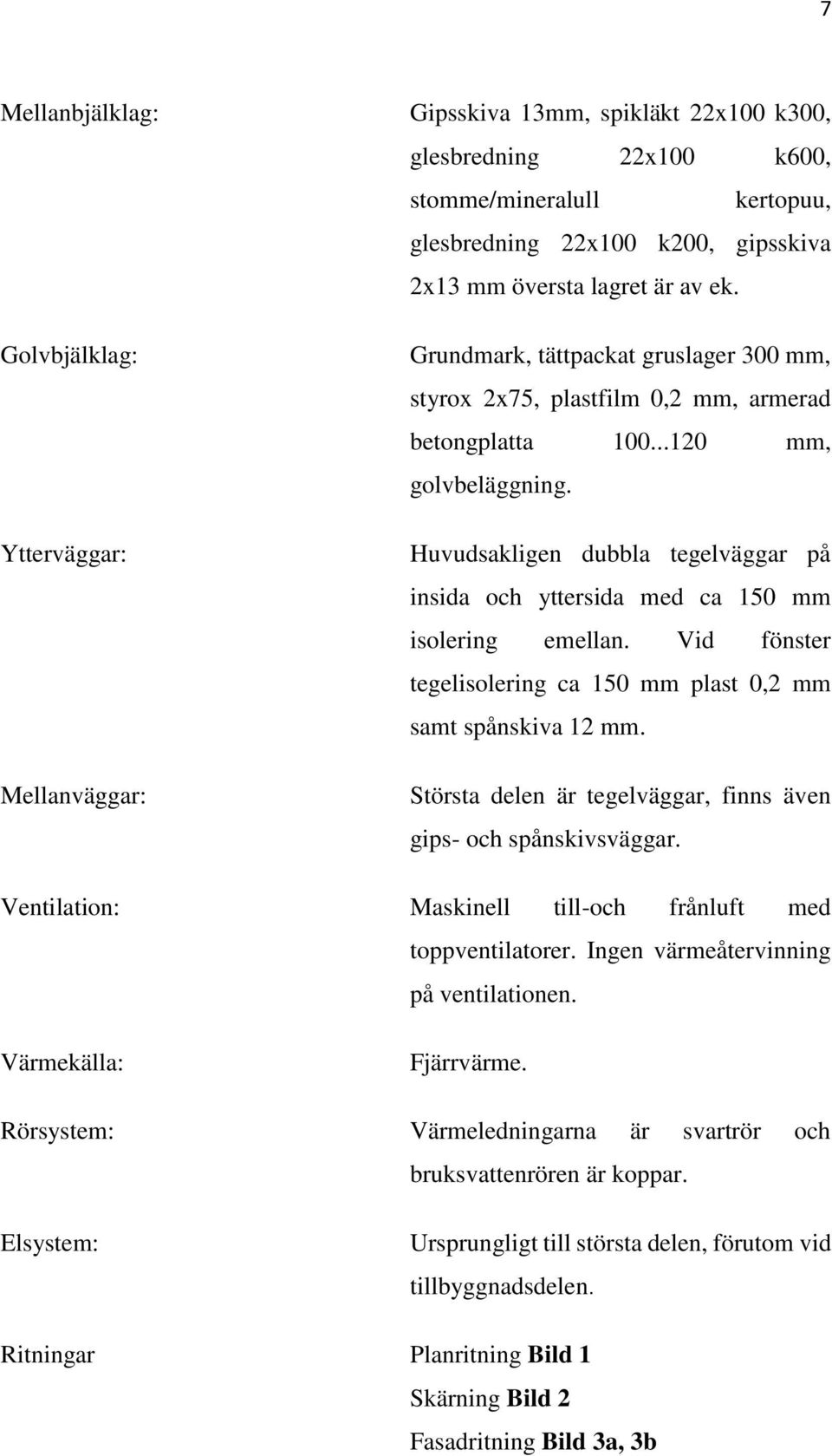 Huvudsakligen dubbla tegelväggar på insida och yttersida med ca 150 mm isolering emellan. Vid fönster tegelisolering ca 150 mm plast 0,2 mm samt spånskiva 12 mm.