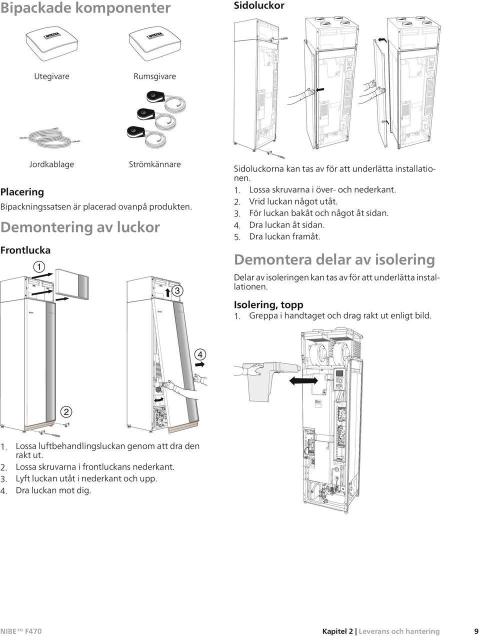 4. Dra luckan åt sidan. 5. Dra luckan framåt. Demontera delar av isolering Delar av isoleringen kan tas av för att underlätta installationen. Isolering, topp 1.