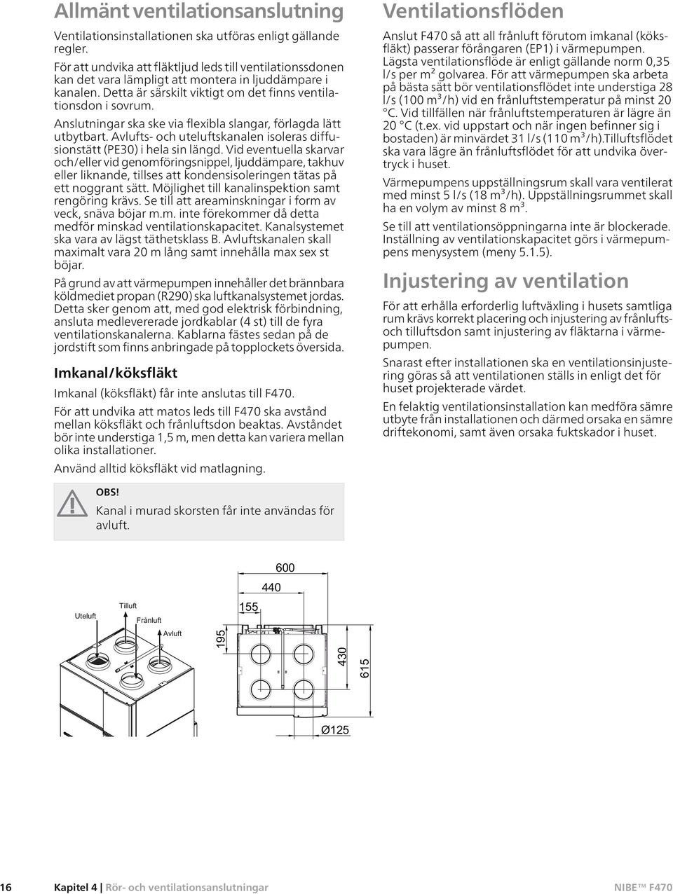 Anslutningar ska ske via flexibla slangar, förlagda lätt utbytbart. Avlufts- och uteluftskanalen isoleras diffusionstätt (PE30) i hela sin längd.