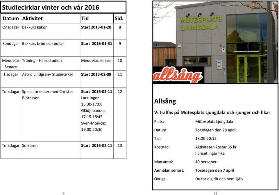 Astrid Lindgren Studiecirkel Start 2016-02-09 11 Torsdagar Spela i orkester med Christer Björnsson Start 2016-02-11 Larz-Ingez 15:30-17:00 Glädjebandet 17:15-18:45
