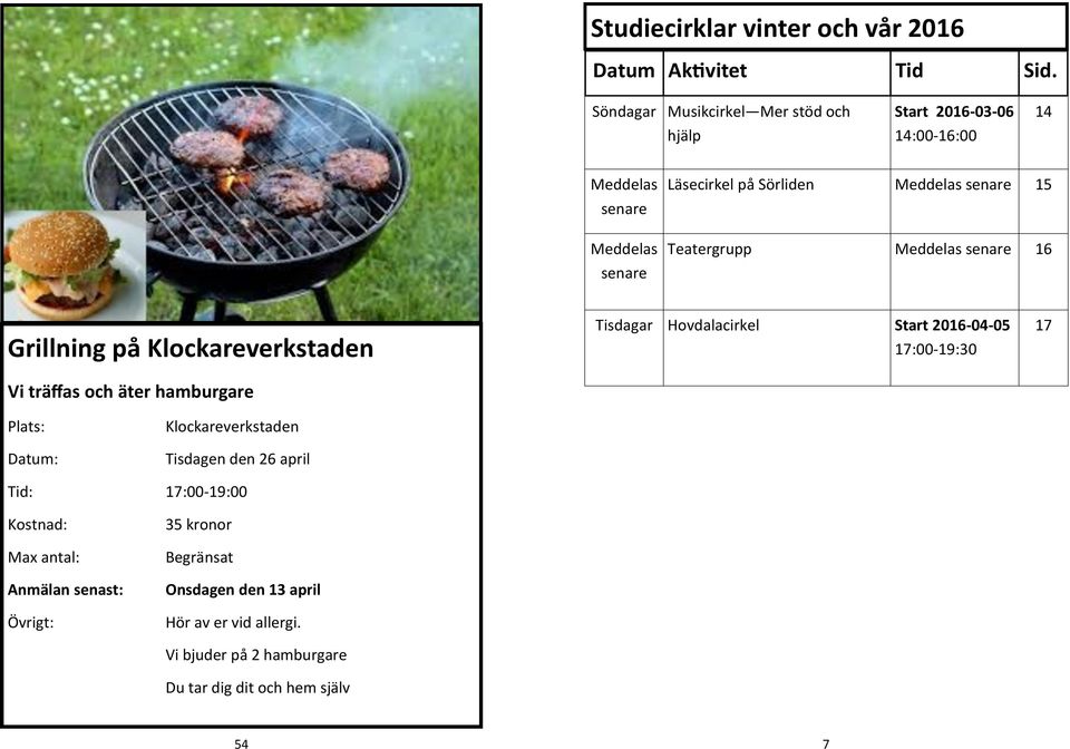 Sörliden Meddelas senare 15 Teatergrupp Meddelas senare 16 Grillning på Klockareverkstaden Vi träffas och äter hamburgare