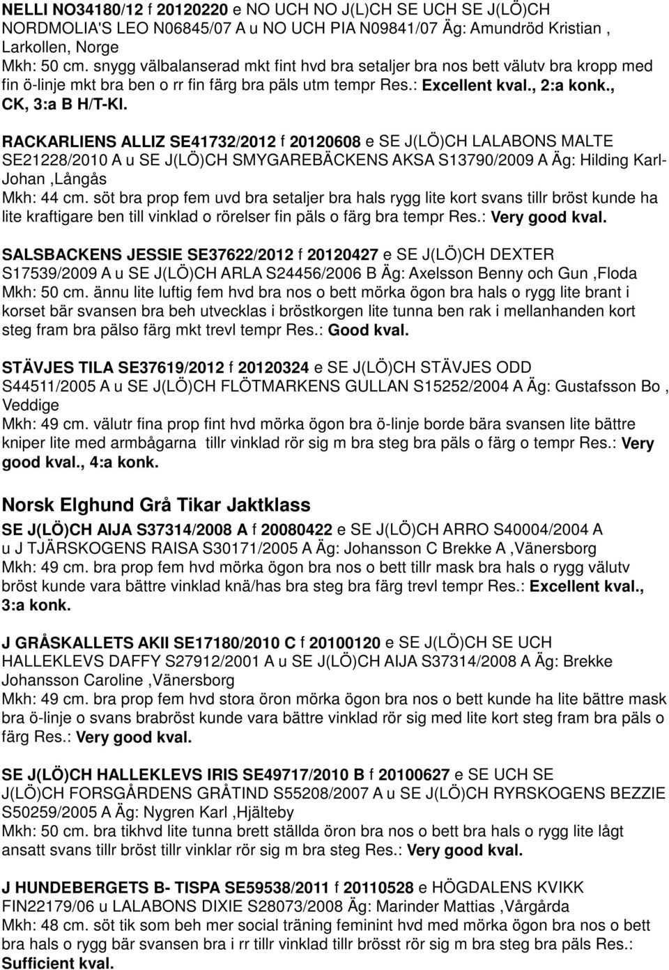 RACKARLIENS ALLIZ SE41732/2012 f 20120608 e SE J(LÖ)CH LALABONS MALTE SE21228/2010 A u SE J(LÖ)CH SMYGAREBÄCKENS AKSA S13790/2009 A Äg: Hilding Karl- Johan,Långås Mkh: 44 cm.