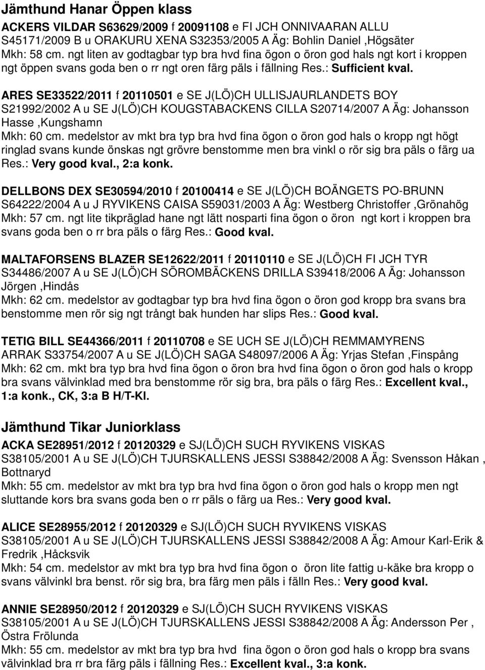 ARES SE33522/2011 f 20110501 e SE J(LÖ)CH ULLISJAURLANDETS BOY S21992/2002 A u SE J(LÖ)CH KOUGSTABACKENS CILLA S20714/2007 A Äg: Johansson Hasse,Kungshamn Mkh: 60 cm.