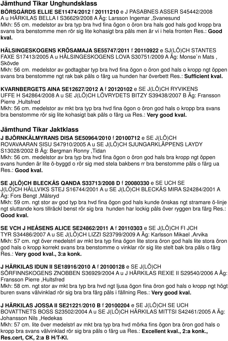 HÄLSINGESKOGENS KRÖSAMAJA SE55747/2011 f 20110922 e SJ(LÖ)CH STANTES FAXE S17413/2005 A u HÄLSINGESKOGENS LOVA S30751/2009 A Äg: Monse`n Mats, Skövde Mkh: 56 cm.