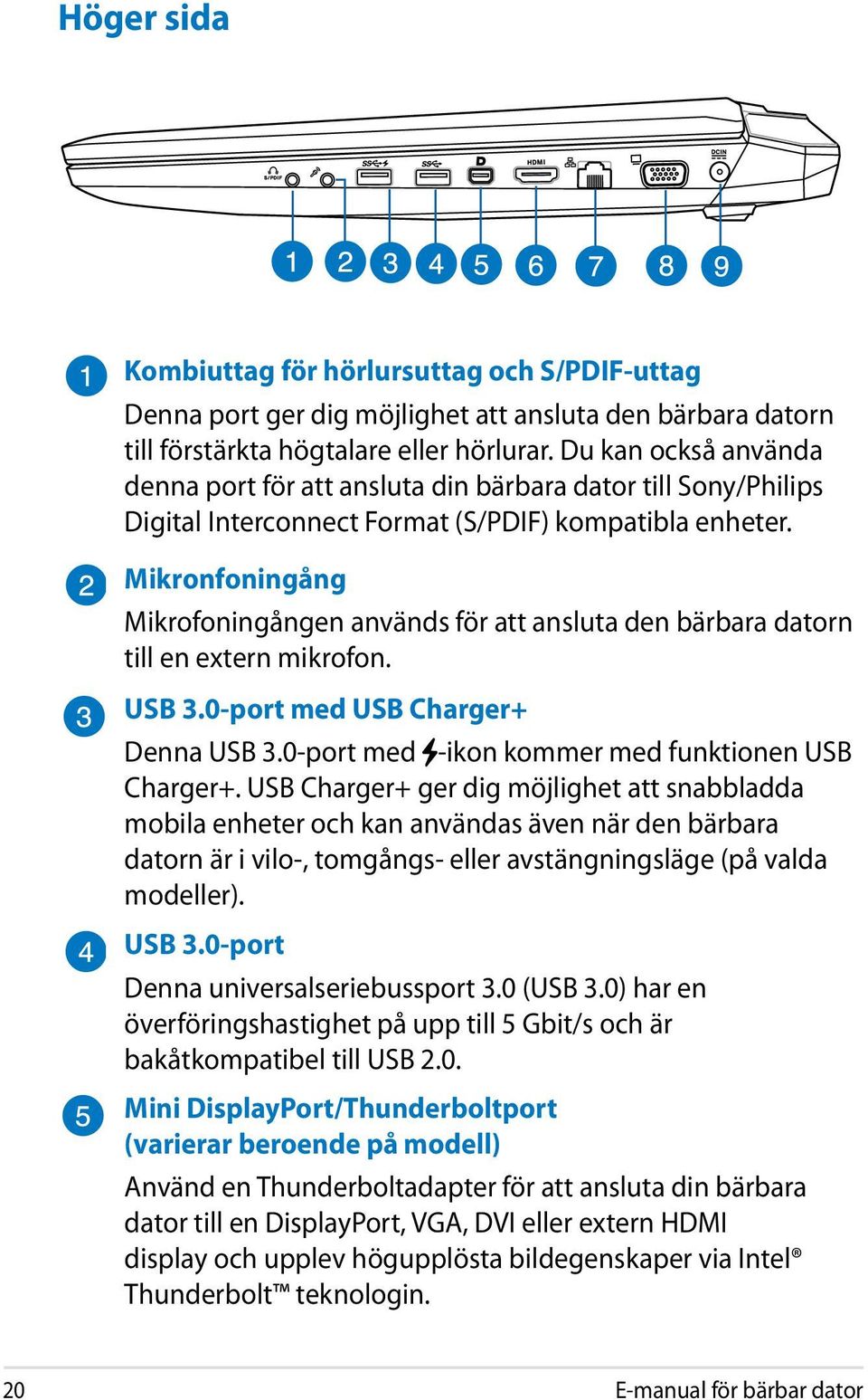 Mikronfoningång Mikrofoningången används för att ansluta den bärbara datorn till en extern mikrofon. USB 3.0-port med USB Charger+ Denna USB 3.0-port med -ikon kommer med funktionen USB Charger+.