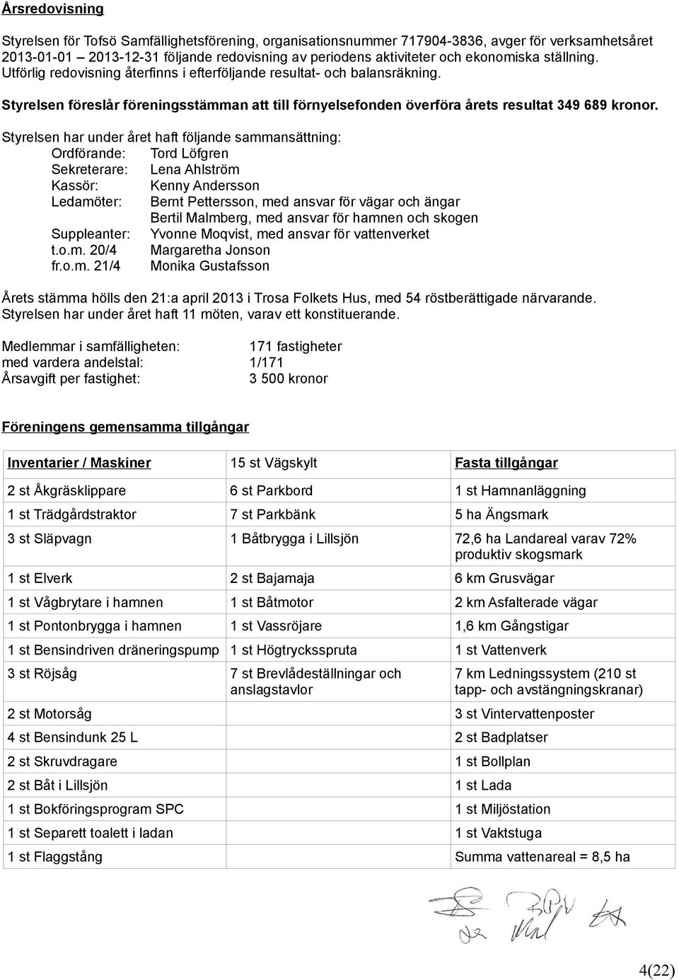 Styrelsen har under året haft följande sammansättning: Ordförande: Tord Löfgren Sekreterare: Lena Ahlström Kassör: Kenny Andersson Ledamöter: Bernt Pettersson, med ansvar för vägar och ängar Bertil